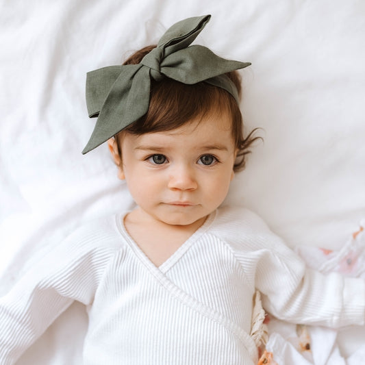 Olive Linen Bow Pre-Tied Headband Wrap